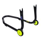 Caballete trasero Bihr con soportes en V para diábolos. Color negro y ruedas amarillas. - motoscamaralweb.com