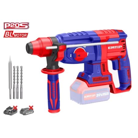 MARTILLO SDS PLUS BATERIA EMTOP 20V 2J 26mm P20S (INCLUYE 3 BROCAS Y 1 CINCEL) - motoscamaralweb.com