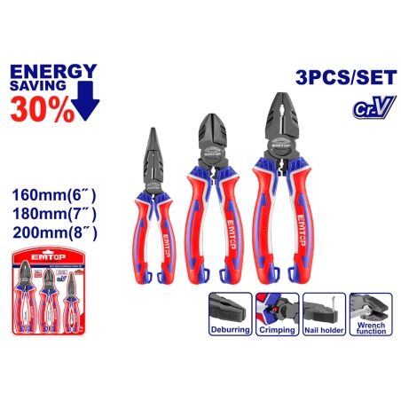 CONJUNTO 3 ALICATES Cr-V EMTOP (COMBINADO 8 - CORTE 7 - PINZA 6) - motoscamaralweb.com