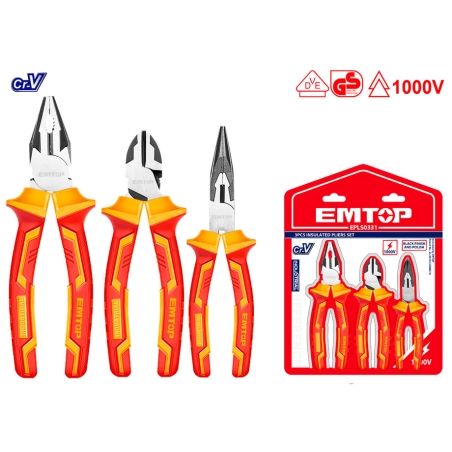 JUEGO 3 ALICATES AISLANTES ELECTRICISTA 1000V - EMTOP - motoscamaralweb.com