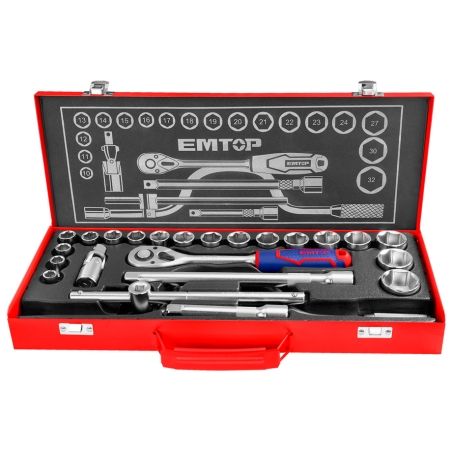 MALETIN AUTOCLE 24 PIEZAS 1/2 Cr-V EMTOP (INCLUYE VASOS 10-32. CARRACA Y EXTENSIONES) - motoscamaralweb.com