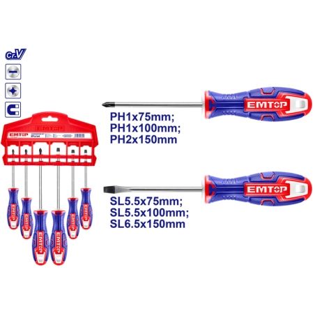 CONJUNTO 6 DESTORNILLADORES EMTOP (2xSL5.5 -1xSL6.5 - 2xPH1 - 1xPH2) - motoscamaralweb.com