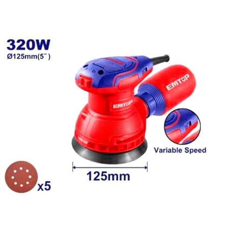 LIJADORA ROTO ORBITAL ELECTRICA 320W EMTOP 125MM - BASE VELCRO (INCLUYE 5 LIJAS) - motoscamaralweb.com