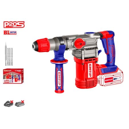 MARTILLO PERCUTOR SDS PLUS BATERIA EMTOP 20V 4.5J P20S (INCLUYE 3 BROCAS Y 1 CINCEL) - motoscamaralweb.com