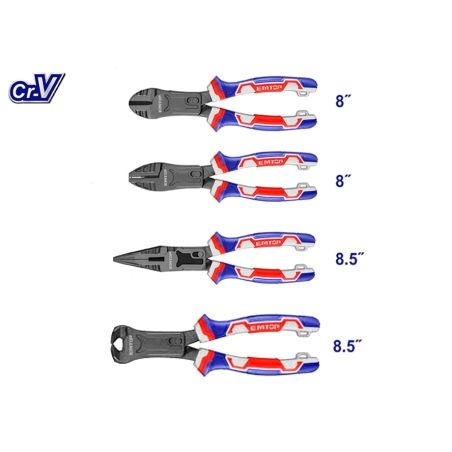 CONJUNTO 4 ALICATES Cr-V EMTOP (COMBINADO 8 - CORTE 8 - PINZA 8.5 - TENAZA 8.5) - motoscamaralweb.com
