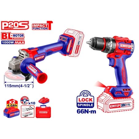 KIT TALADRO 66NM + AMOLADORA 115MM 20V BATERIA P20S EMTOP (BATERÍAS 2x4.0Ah. CARGADOR. MALETÍN) - motoscamaralweb.com