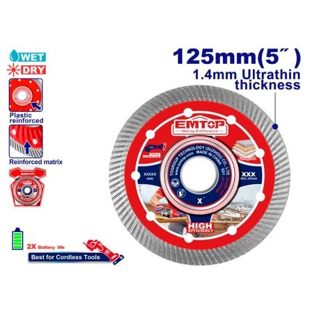 DISCO CORTE MALLA DIAMANTE ULTRAFINO PARA AZULEJO 125MM 1.4MM EMTOP - motoscamaralweb.com