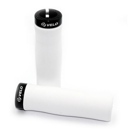 Par puños bici espuma EVA ultraligera VELO Blancos/abrazadera negra. Sujeción lock-on 1 tornillo - motoscamaralweb.com