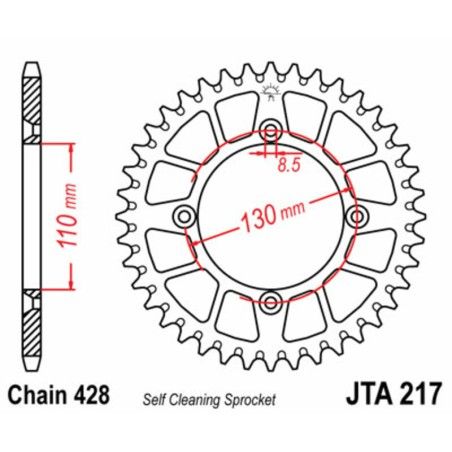 Corona JT SPROCKETS aluminio ultraligera autolimpiable 217 - Paso 428 - motoscamaralweb.com