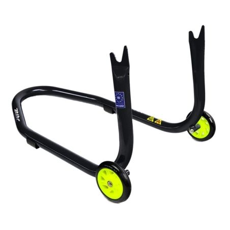 Caballete trasero Bihr con soportes en V para diábolos. Color negro y ruedas amarillas. - motoscamaralweb.com