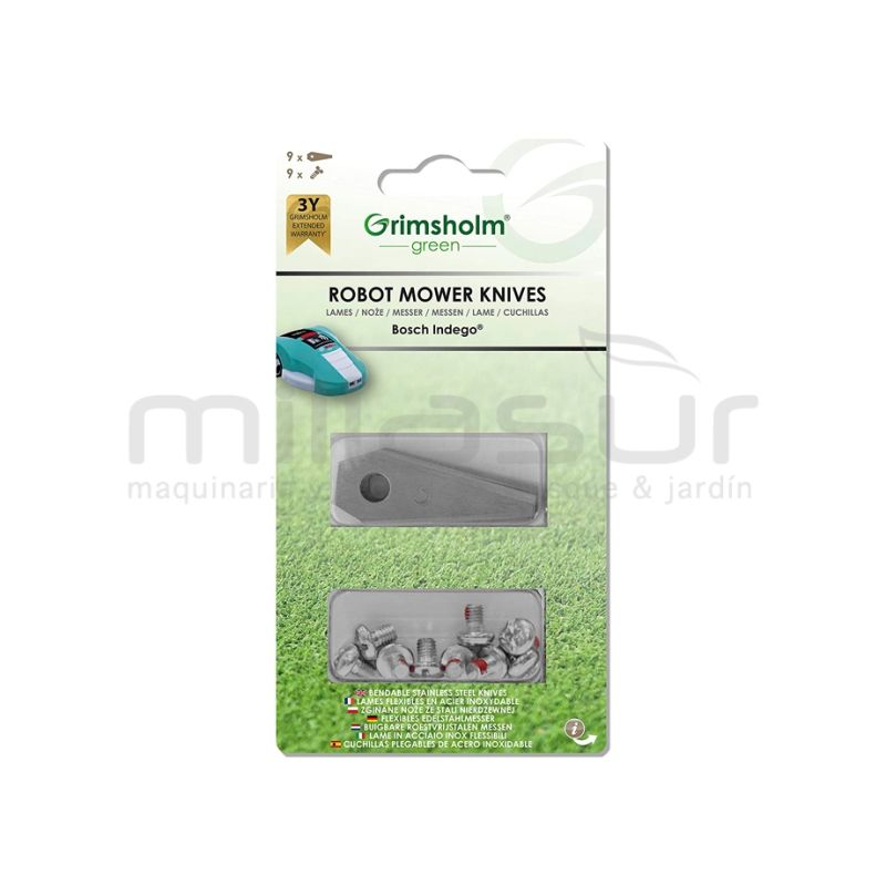 JUEGO CUCHILLAS Y TORNILLOS ADAPTABLE A ROBOT CORTACESPED BOSCH (9 UDS) - motoscamaralweb.com