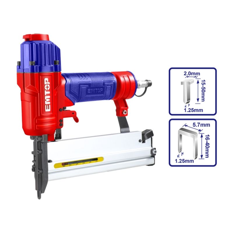 CLAVADORA 2EN1 NEUMATICA EMTOP PARA COMPRESOR 15-50mm (INCLUYE GRAPAS Y CLAVOS) - motoscamaralweb.com