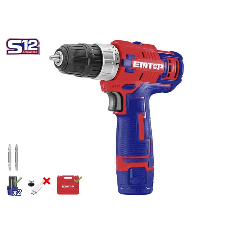 TALADRO BATERIA EMTOP 12V 1.5Ah 45NM (INCLUYE 2 BATERIAS Y MALETIN) CARGADOR TIPO C - motoscamaralweb.com