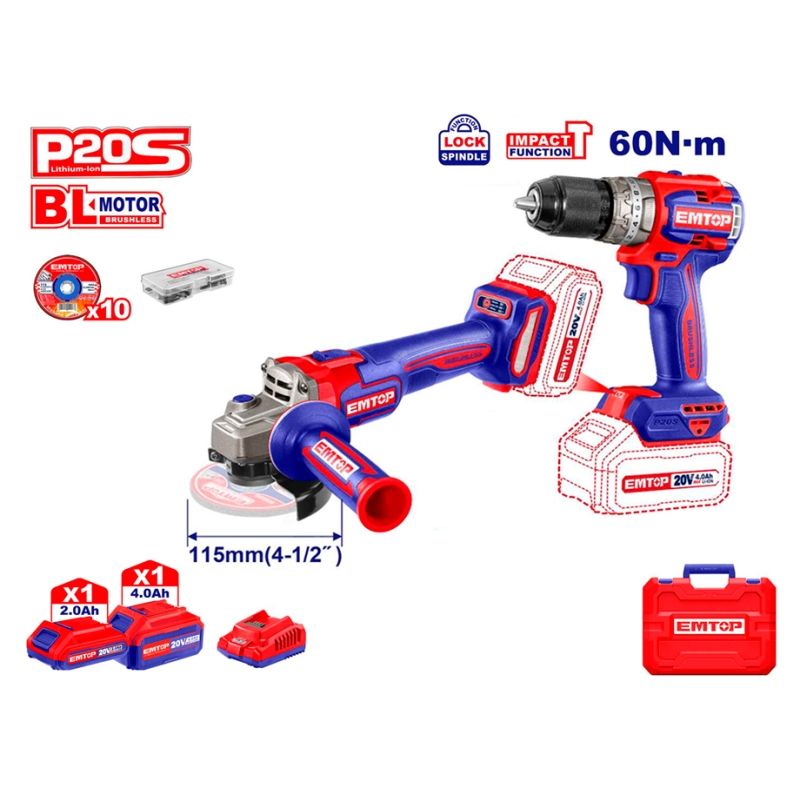 KIT TALADRO + AMOLADORA 20V BATERIA P20S EMTOP (CON BATERÍAS 1x2.0Ah 1x4.0Ah. CARGADOR. MALETÍN) - motoscamaralweb.com