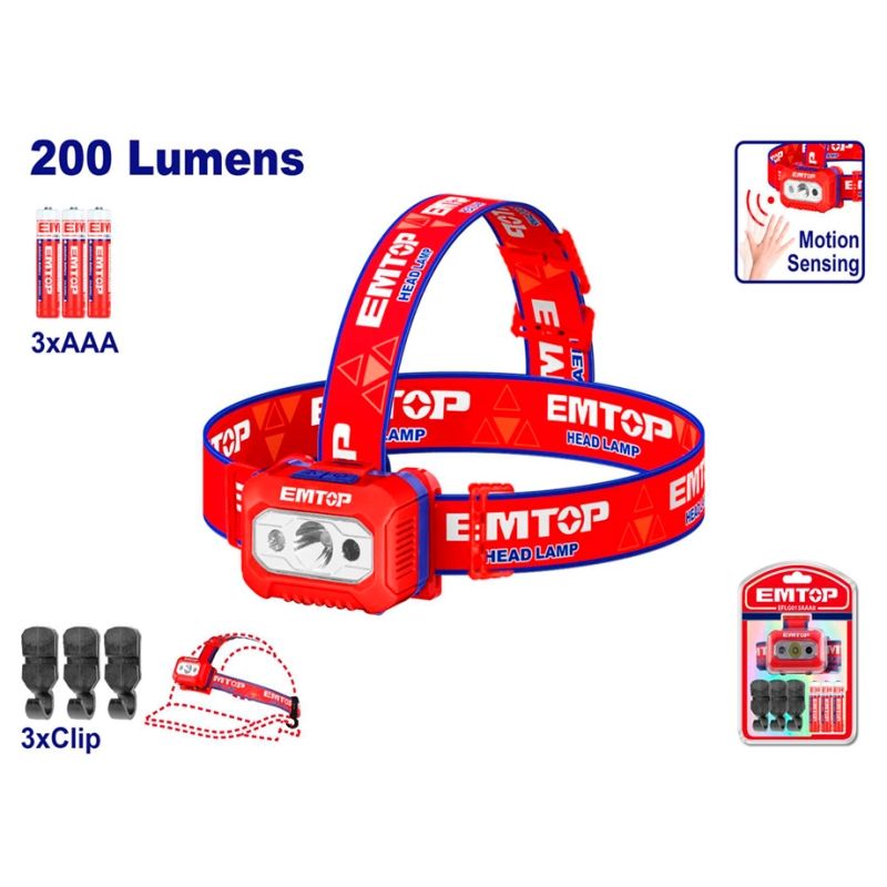 LINTERNA FRONTAL LED PARA CABEZA 200lm EMTOP - SENSOR MOVIMIENTO (INCLUYE 3 PILAS AAA) - motoscamaralweb.com