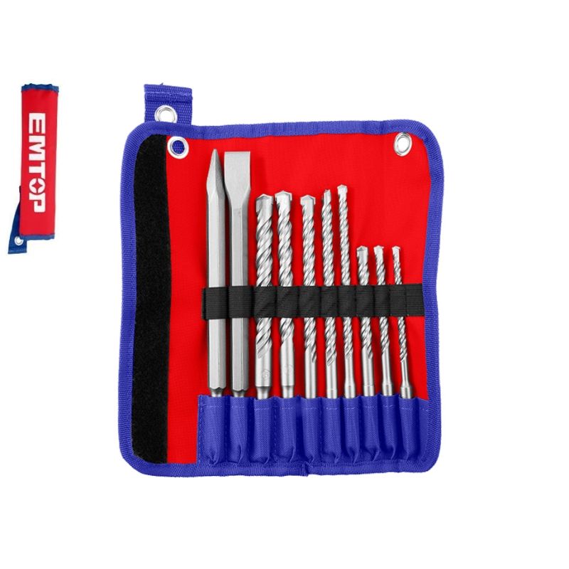 JUEGO 8 BROCAS (6x-8x-10x160mm -8x-10x-12x-14x-16x210mm) + 2 CINCELES (14x250) SDS PLUS EMTOP - motoscamaralweb.com