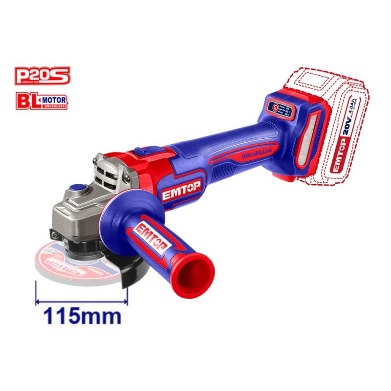 AMOLADORA 115MM M14 BATERIA 20V BRUSHLESS EMTOP P20S (BATERIA Y CARGADOR NO INCLUIDOS) - motoscamaralweb.com