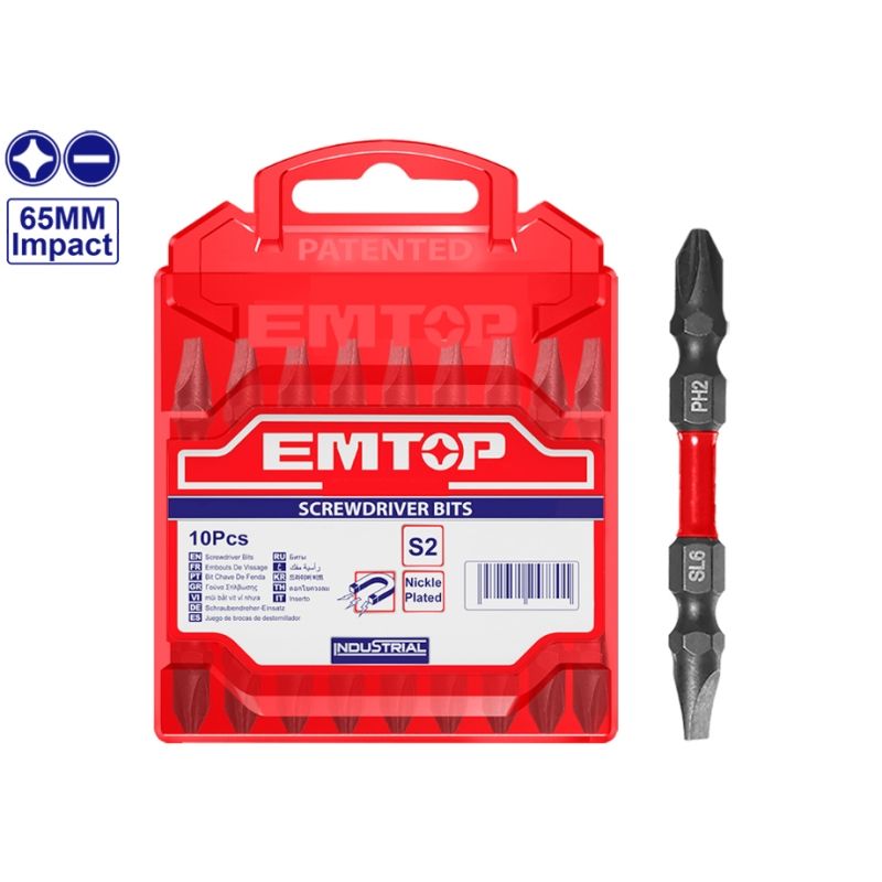 CONJUNTO 10 PUNTERAS DESTORNILLADOR IMPACTO (PH2 + SL6 - 65mm) EMTOP - motoscamaralweb.com