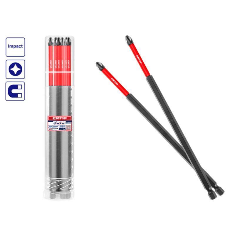 CONJUNTO 10 PUNTERAS DESTORNILLADOR IMPACTO (PH2 - 250mm) EMTOP - motoscamaralweb.com