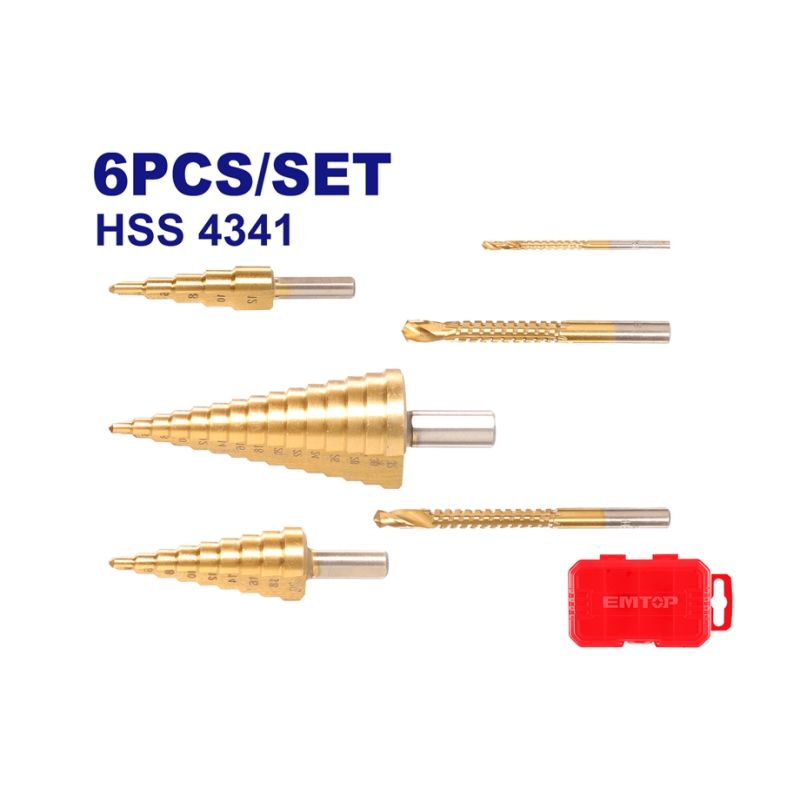 JUEGO BROCAS ESCALONADAS 4-12. 4-20. 4-32 + 3 BROCAS DE SIERRAS EMTOP - motoscamaralweb.com