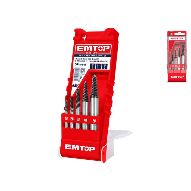SET 5 EXTRACTORES DE TORNILLOS CR-V (3-6. 6-8. 8-11. 11-14. 14-18mm) EMTOP - motoscamaralweb.com