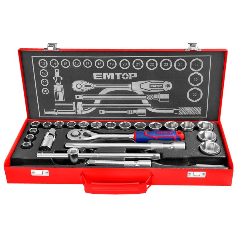 MALETIN AUTOCLE 24 PIEZAS 1/2 Cr-V EMTOP (INCLUYE VASOS 10-32. CARRACA Y EXTENSIONES) - motoscamaralweb.com