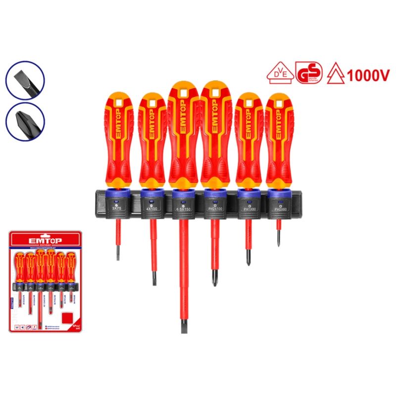 CONJUNTO 6 DESTORNILLADORES ELECTRICISTA 1000V - EMTOP (SL3 SL4 SL6 PH0 PH1 PH2) - motoscamaralweb.com