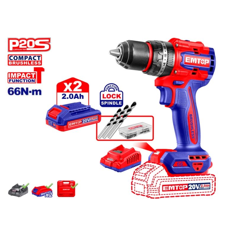 TALADRO PERCUTOR BATERIA EMTOP 20V 66NM 22+1+1 P20S (INCLUYE 2 BATERIAS. CARGADOR. MALETIN) - motoscamaralweb.com