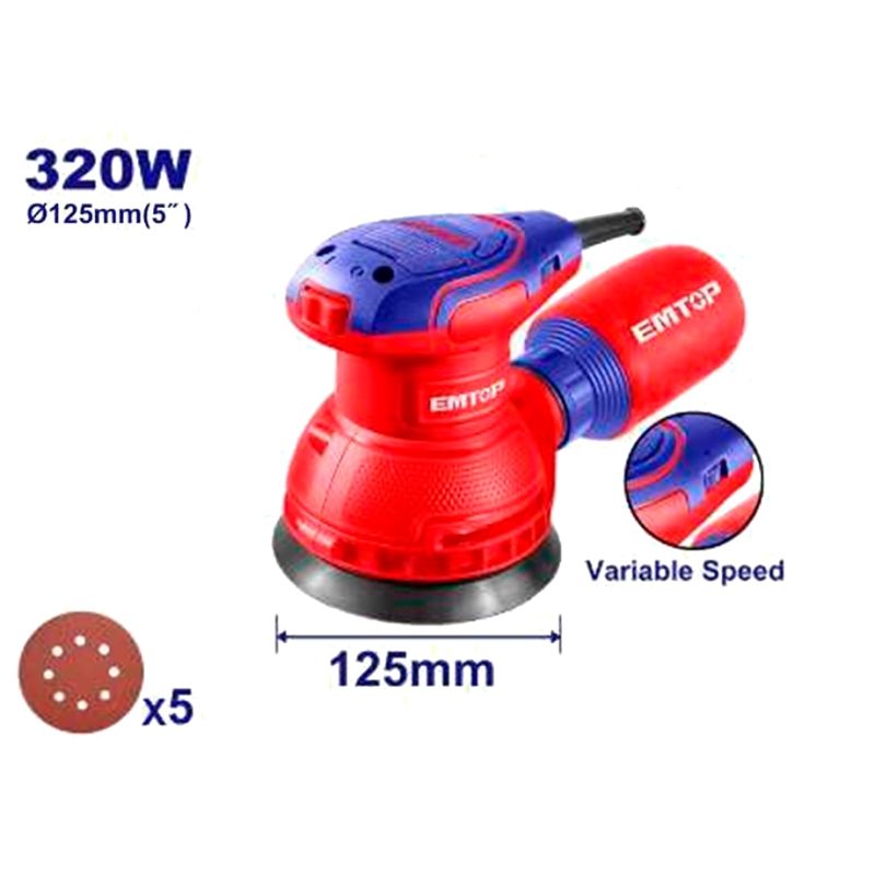 LIJADORA ROTO ORBITAL ELECTRICA 320W EMTOP 125MM - BASE VELCRO (INCLUYE 5 LIJAS) - motoscamaralweb.com