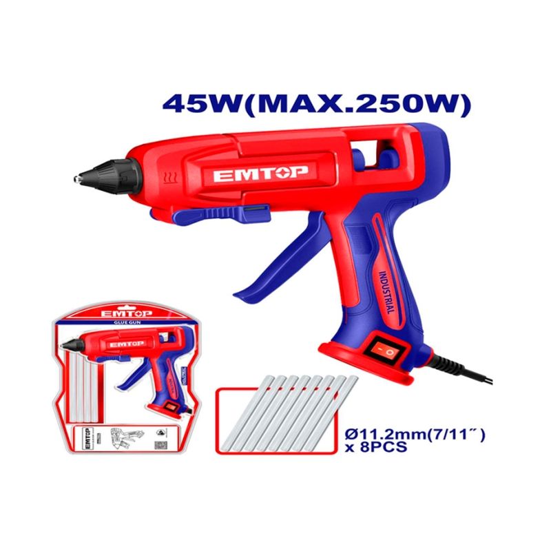 PISTOLA ELECTRICA SILICONA 45W EMTOP (INCLUYE 8 BARRAS PEGAMENTO 11.2mm) - motoscamaralweb.com