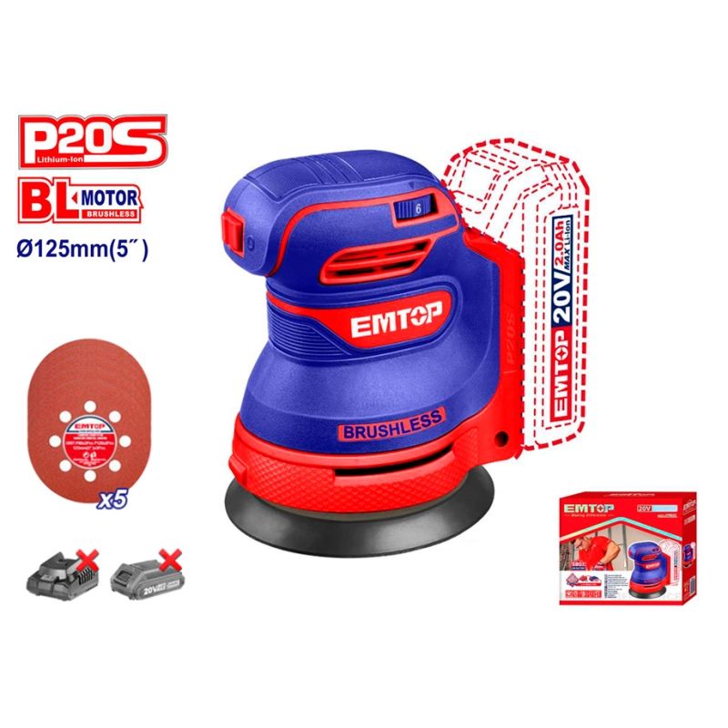 LIJADORA ORBITAL BATERIA EMTOP 20V 125mm P20S (CON 5 LIJAS - NO INCLUYE BATERIA NI CARGADOR) - motoscamaralweb.com