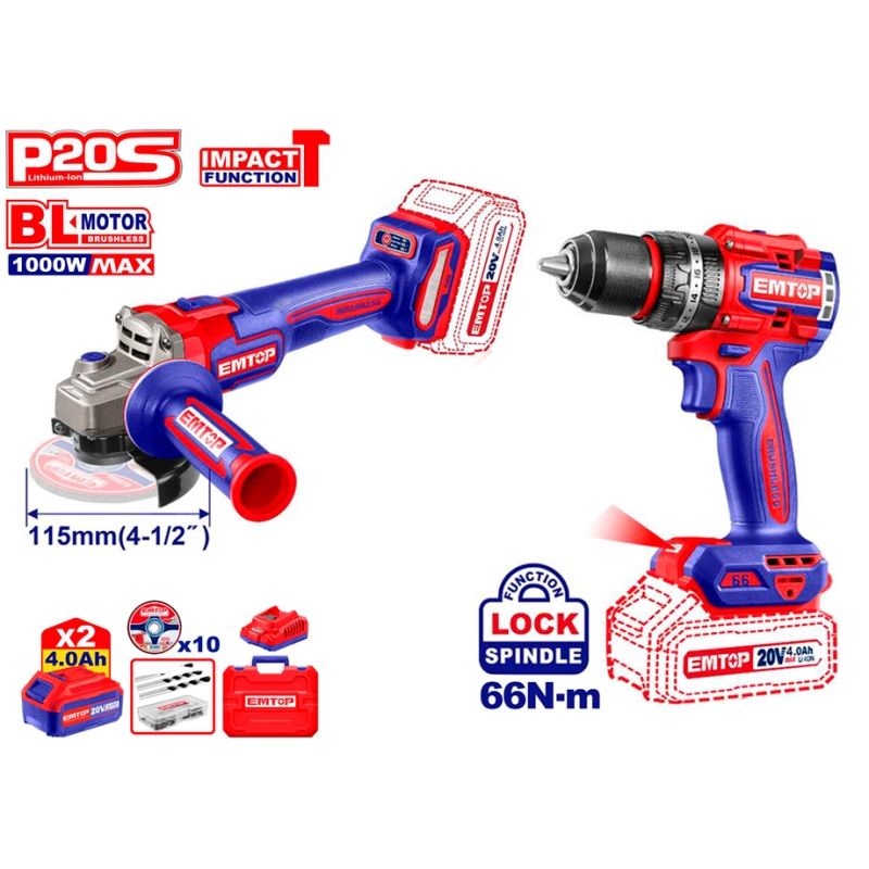KIT TALADRO 66NM + AMOLADORA 115MM 20V BATERIA P20S EMTOP (BATERÍAS 2x4.0Ah. CARGADOR. MALETÍN) - motoscamaralweb.com