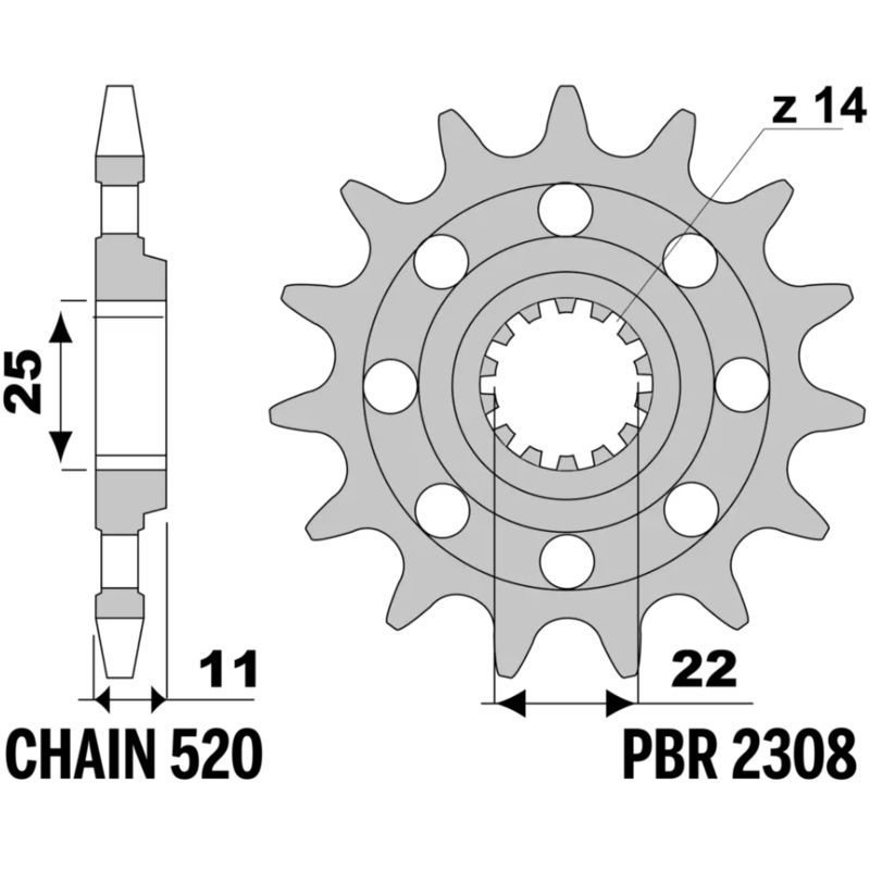 Piñón PBR acero estándar 2308 - Paso 520 - motoscamaralweb.com