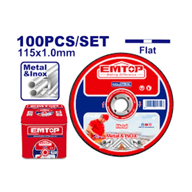 CAJA 100 DISCOS CORTE METAL AMOLADORA 115MM 1.0MM EMTOP - motoscamaralweb.com