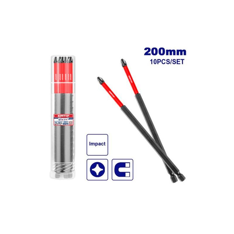 SET PUNTERAS DESTONILLADOR DE IMPACTO MAGNÉTICAS EMTOP - PH2 200MM - motoscamaralweb.com