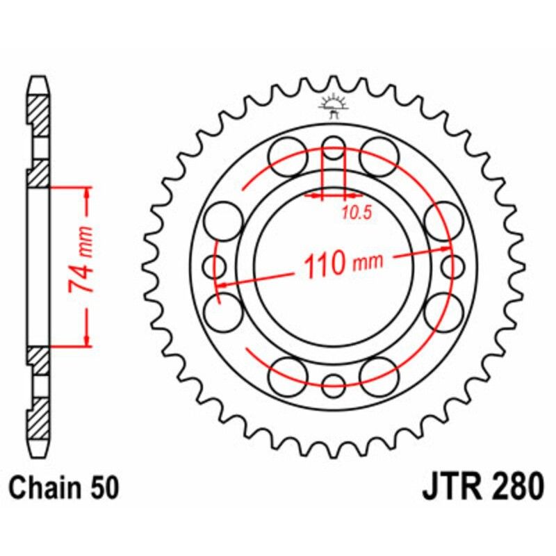 Corona JT SPROCKETS acero estándar 280 - Paso 530 - motoscamaralweb.com