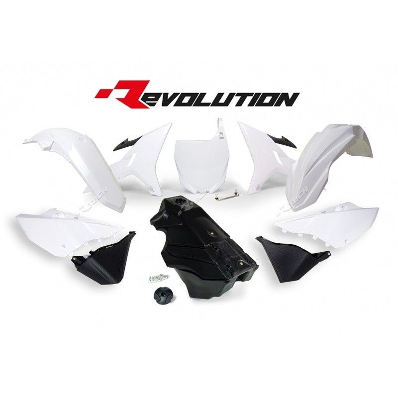 RACETECH Revolution Plastic Kit + Gas Tank Black/White Yamaha YZ125/250 - motoscamaralweb.com