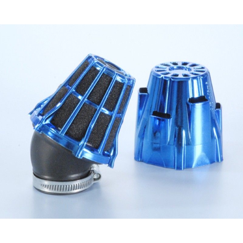 Filtro de potencia (air box) Polini. cromado. azul. curvado 30. Ø32 para carburador PHBG (203.0113) - motoscamaralweb.com