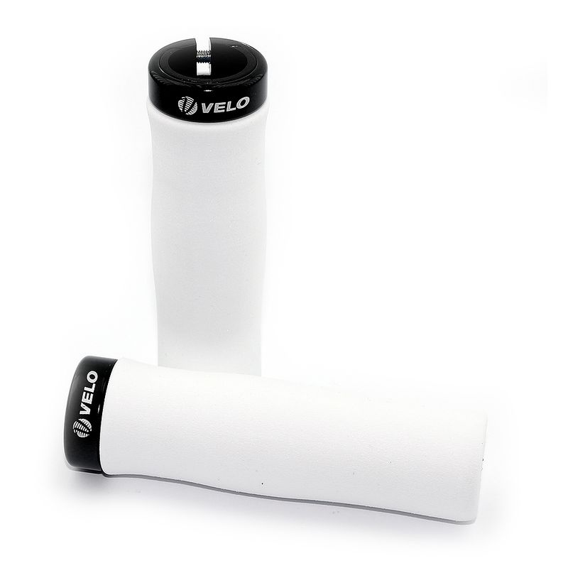 Par puños bici espuma EVA ultraligera VELO Blancos/abrazadera negra. Sujeción lock-on 1 tornillo - motoscamaralweb.com