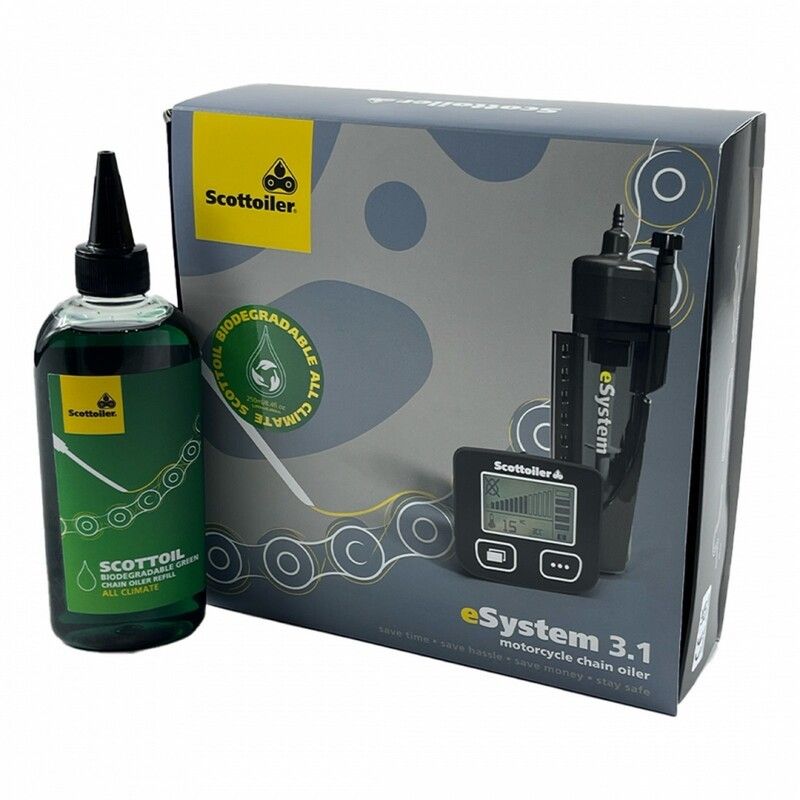 Sistema de lubricación SCOTTOILER eSystem 3.1 + Lubricante Biodegradable Green - motoscamaralweb.com