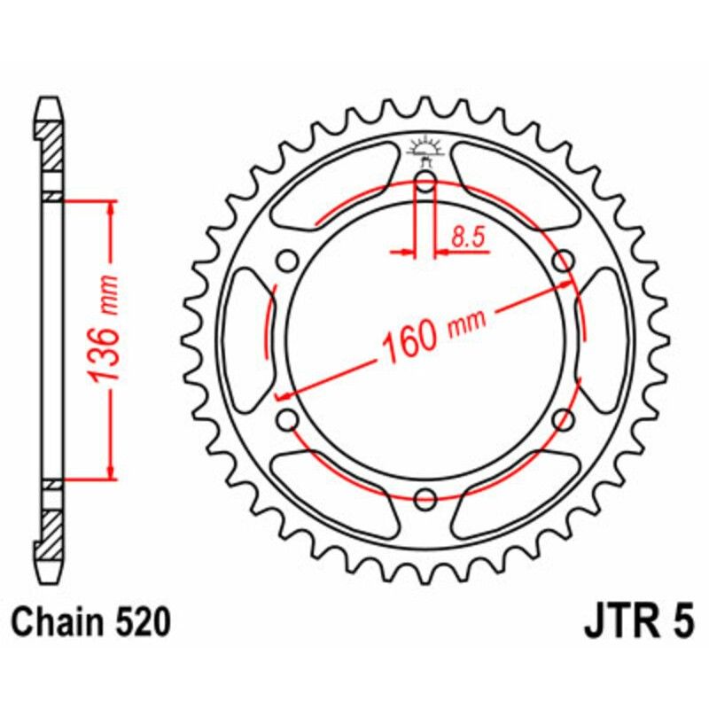 Corona JT SPROCKETS acero estándar 5 - Paso 520 - motoscamaralweb.com