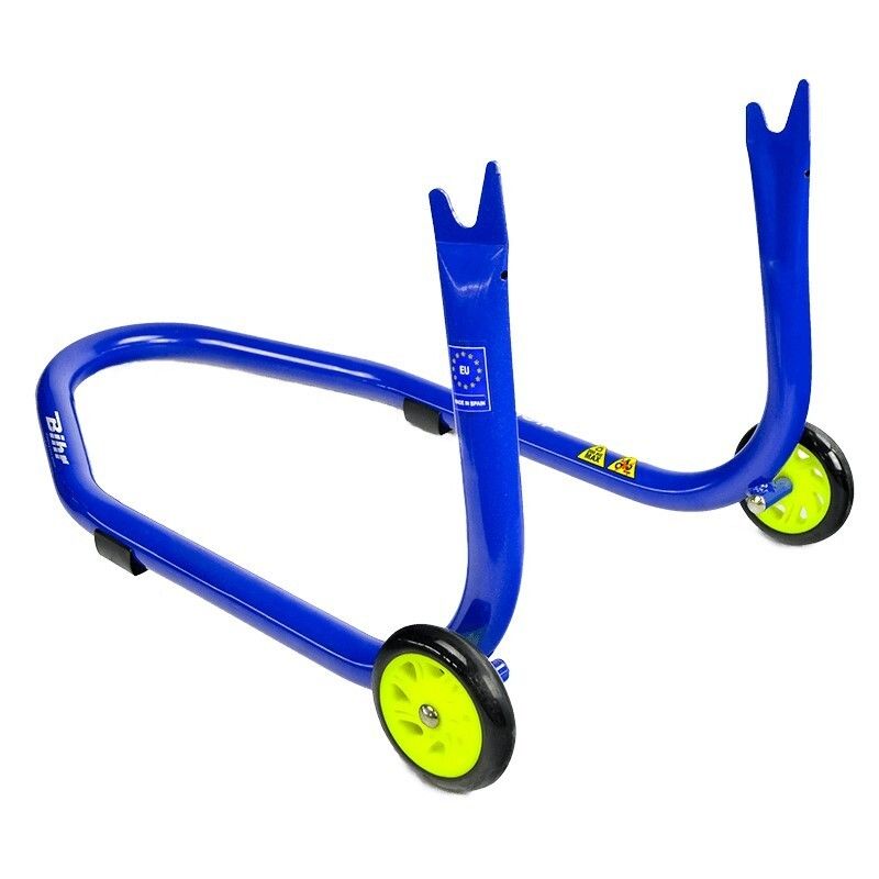 Caballete trasero moto BIHR con soportes en V para diábolos - Azul y amarillo - motoscamaralweb.com