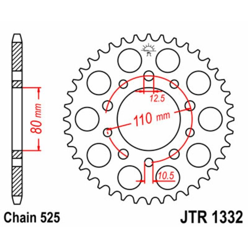 Corona JT SPROCKETS acero estándar 1332 - Paso 525 - motoscamaralweb.com