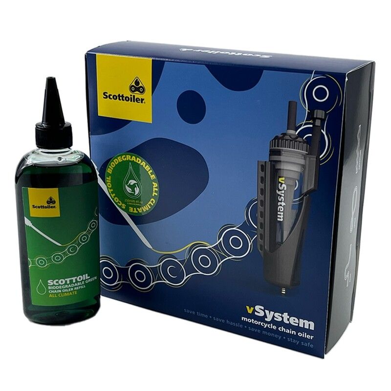 Sistema de lubricación SCOTTOILER vSystem Universal Edition + Lubricante Biodegradable Green - motoscamaralweb.com